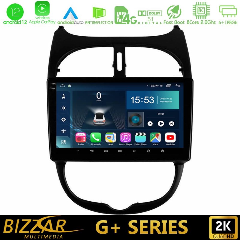 Bizzar G+ Series Peugeot 206 8core Android12 6+128GB Navigation Multimedia Tablet 9