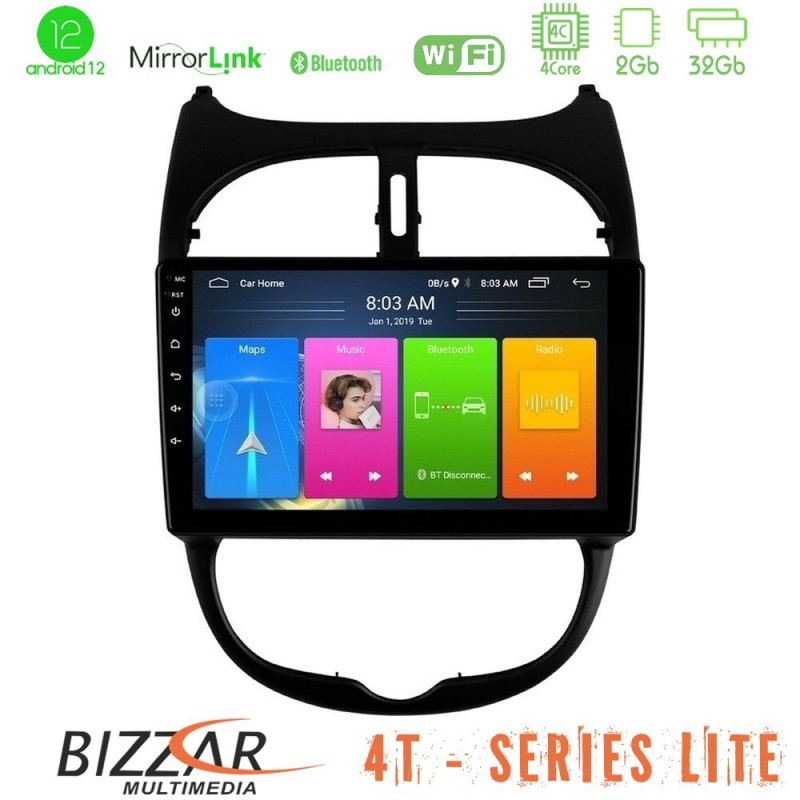 Bizzar 4T Series Peugeot 206 4Core Android13 2+32GB Navigation Multimedia Tablet 9