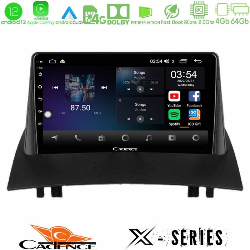 Cadence X Series Renault Megane 2 2002-2008 8Core Android12 4+64GB Navigation Multimedia Tablet 9