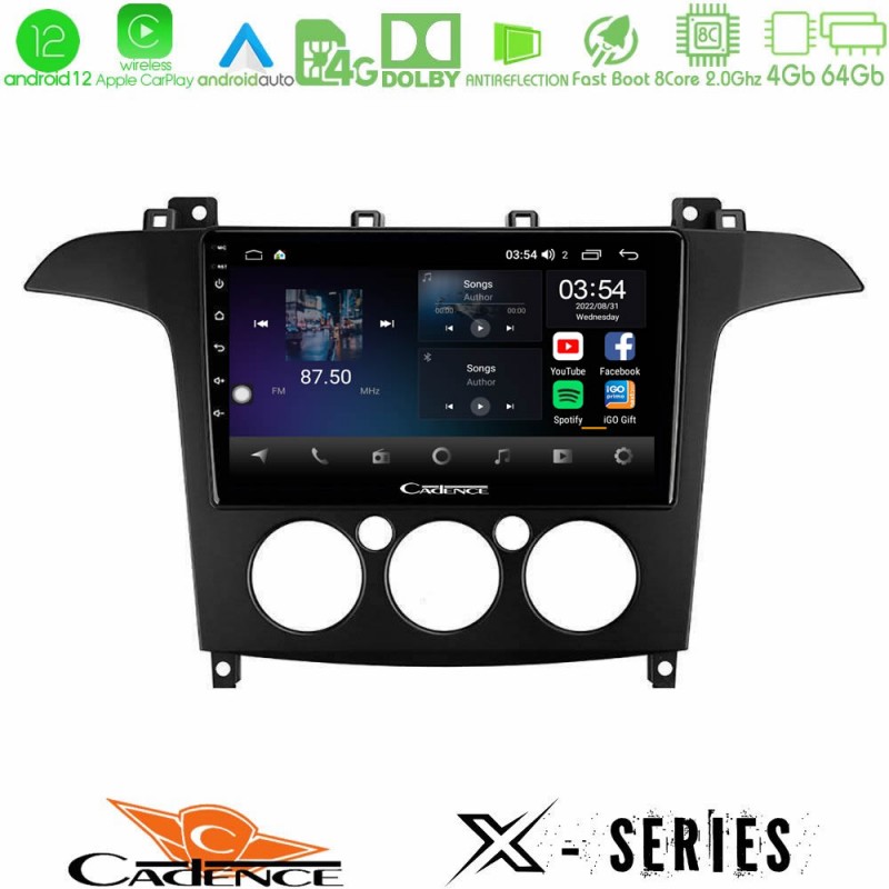 Cadence X Series Ford S-Max 2006-2008 (manual A/C) 8core Android12 4+64GB Navigation Multimedia Tablet 9