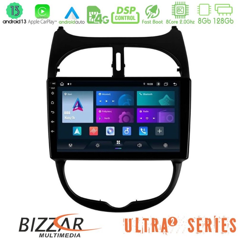 Bizzar Ultra Series Peugeot 206 8core Android13 8+128GB Navigation Multimedia Tablet 9