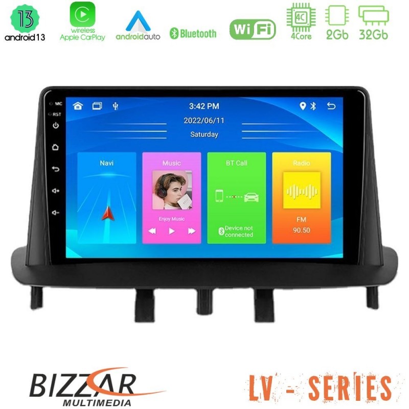 Bizzar LV Series Renault Megane 3 2009-2013 4Core Android 13 2+32GB Navigation Multimedia Tablet 9