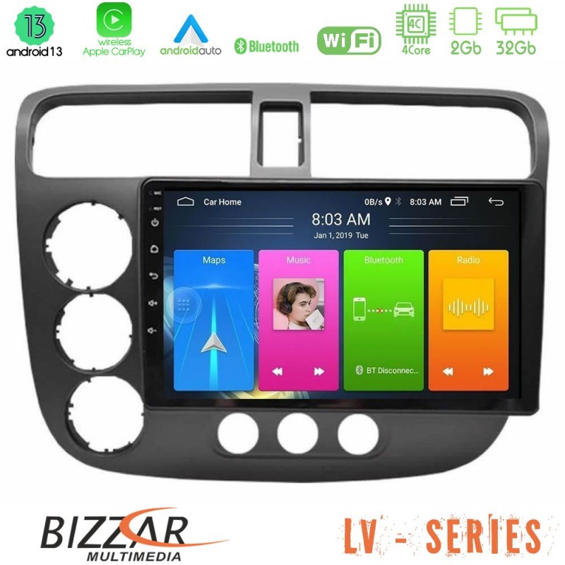 Bizzar LV Series Honda Civic 2001-2005 4Core Android 13 2+32GB Navigation Multimedia Tablet 9