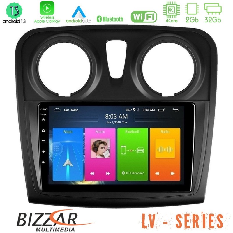 Bizzar LV Series Dacia Sandero/Dokker 2014-2020 4Core Android 13 2+32GB Navigation Multimedia Tablet 9