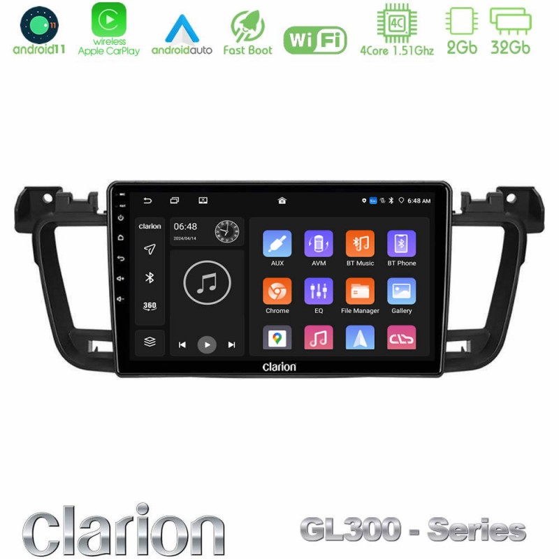 Clarion GL300 Series 4Core Android11 2+32GB Peugeot 508 2010-2018 Navigation Multimedia Tablet 9