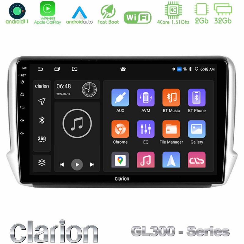 Clarion GL300 Series 4Core Android11 2+32GB Peugeot 208/2008 Navigation Multimedia Tablet 10