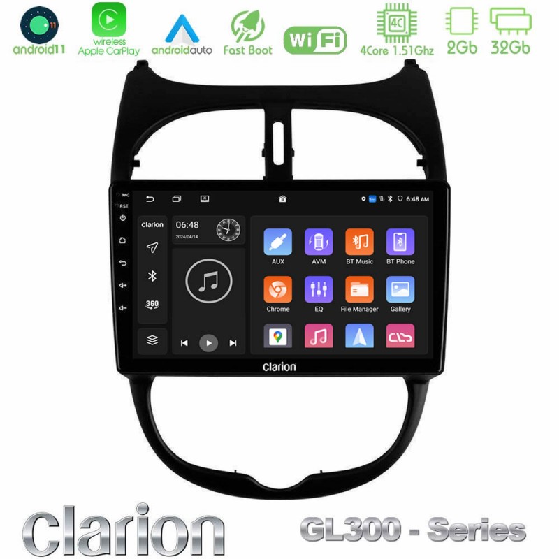 Clarion GL300 Series 4Core Android11 2+32GB Peugeot 206 Navigation Multimedia Tablet 9