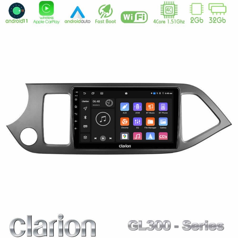 Clarion GL300 Series 4Core Android11 2+32GB Kia Picanto Navigation Multimedia Tablet 9