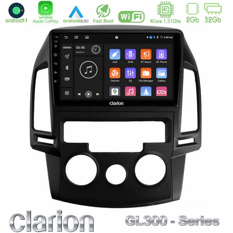 Clarion GL300 Series 4Core Android11 2+32GB Hyundai i30 2007-2012 Manual A/C Navigation Multimedia Tablet 9