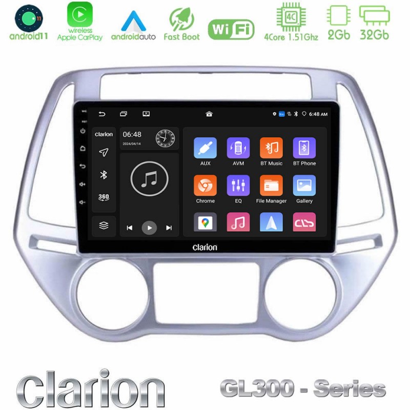 Clarion GL300 Series 4Core Android11 2+32GB Hyundai i20 2012-2014 Navigation Multimedia Tablet 9