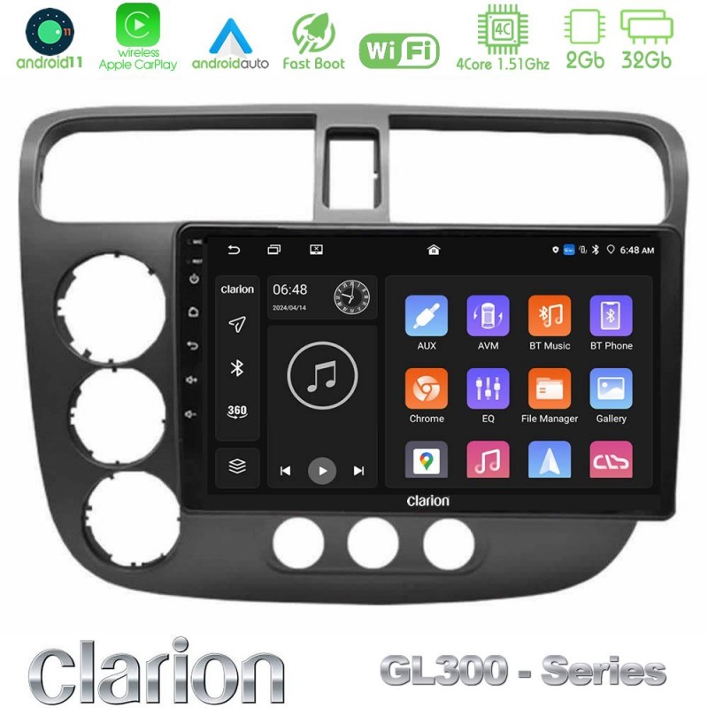 Clarion GL300 Series 4Core Android11 2+32GB Honda Civic 2001-2005 Navigation Multimedia Tablet 9