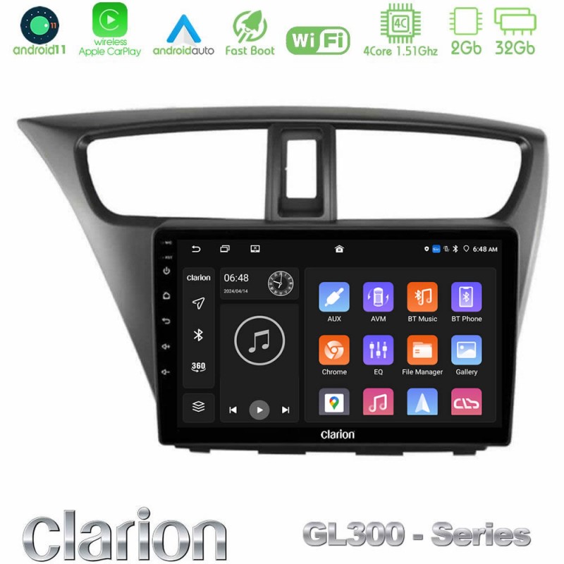 Clarion GL300 Series 4Core Android11 2+32GB Honda Civic Hatchback 2012-2015 Navigation Multimedia Tablet 9