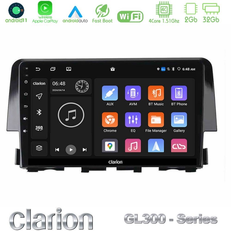 Clarion GL300 Series 4Core Android11 2+32GB Honda Civic 2016-2020 Navigation Multimedia Tablet 9