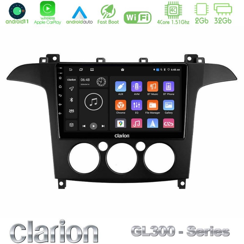 Clarion GL300 Series 4Core Android11 2+32GB Ford S-Max 2006-2008 (manual A/C) Navigation Multimedia Tablet 9