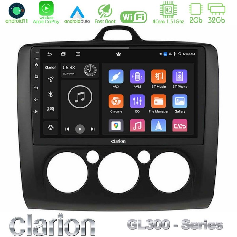 Clarion GL300 Series 4Core Android11 2+32GB Ford Focus Manual AC Navigation Multimedia Tablet 9