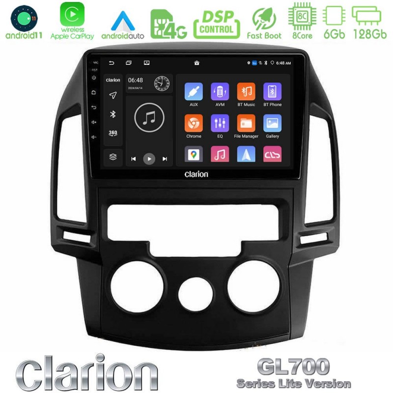 Clarion GL700 Lite Series 8Core Android11 6+128GB Hyundai i30 2007-2012 Manual A/C Navigation Multimedia Tablet 9