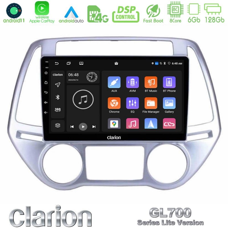 Clarion GL700 Lite Series 8Core Android11 6+128GB Hyundai i20 2012-2014 Navigation Multimedia Tablet 9