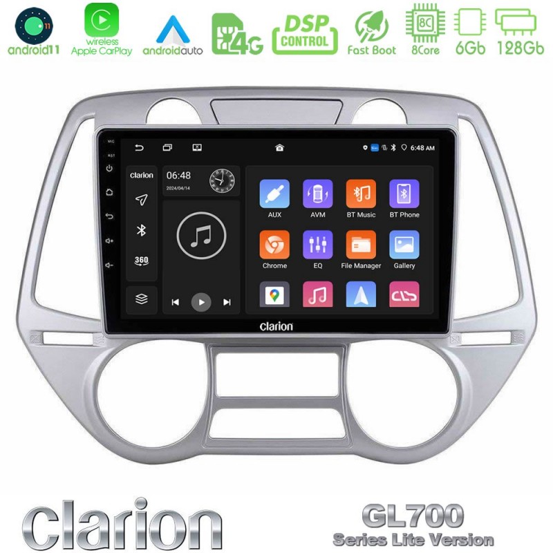 Clarion GL700 Lite Series 8Core Android11 6+128GB Hyundai i20 2009-2012 Auto A/C Navigation Multimedia Tablet 9