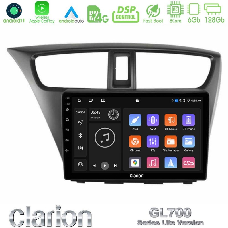 Clarion GL700 Lite Series 8Core Android11 6+128GB Honda Civic Hatchback 2012-2015 Navigation Multimedia Tablet 9