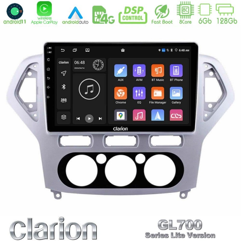 Clarion GL700 Lite Series 8Core Android11 6+128GB Ford Mondeo 2007-2010 Manual A/C Navigation Multimedia Tablet 10