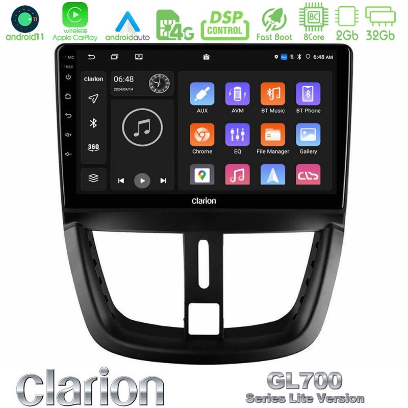 Clarion GL700 Lite Series 8Core Android11 2+32GB Peugeot 207 Navigation Multimedia Tablet 9