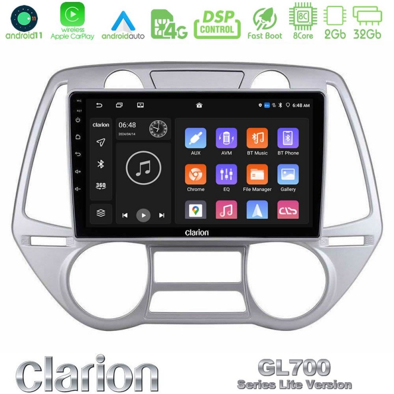 Clarion GL700 Lite Series 8Core Android11 2+32GB Hyundai i20 2009-2012 Auto A/C Navigation Multimedia Tablet 9