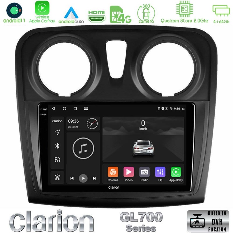 Clarion GL700 Series 8Core Android13 4+64GB Dacia Sandero/Dokker 2014-2020 Navigation Multimedia Tablet 9