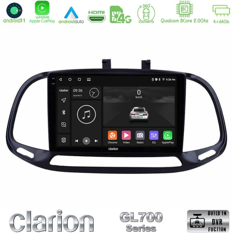 Clarion GL700 Series 8Core Android13 4+64GB Fiat Doblo 2015-2022 Navigation Multimedia Tablet 9