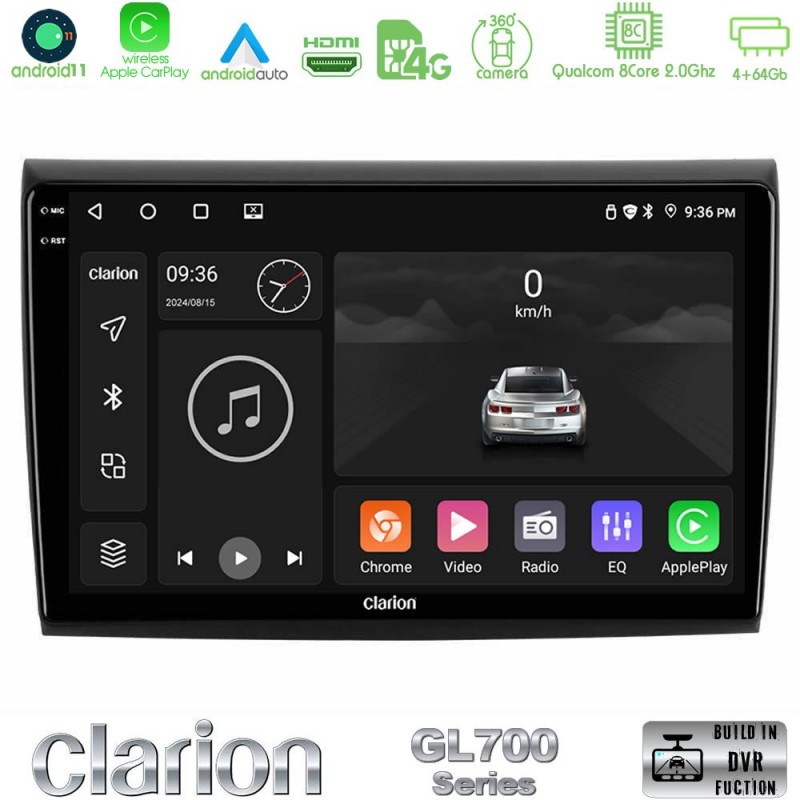 Clarion GL700 Series 8Core Android13 4+64GB Fiat Bravo Navigation Multimedia Tablet 9