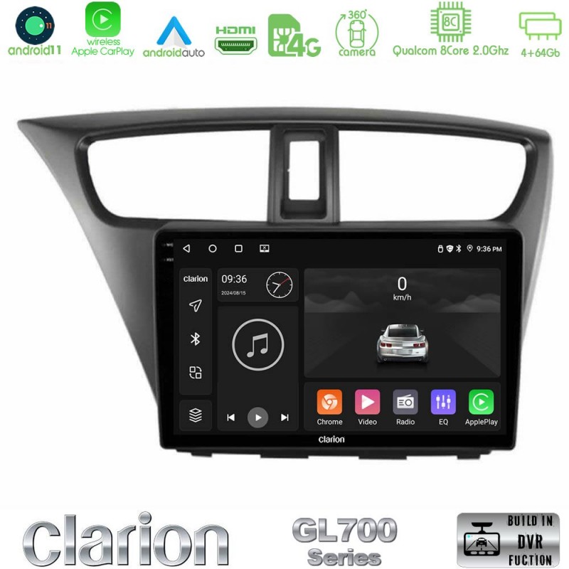 Clarion GL700 Series 8Core Android13 4+64GB Honda Civic Hatchback 2012-2015 Navigation Multimedia Tablet 9