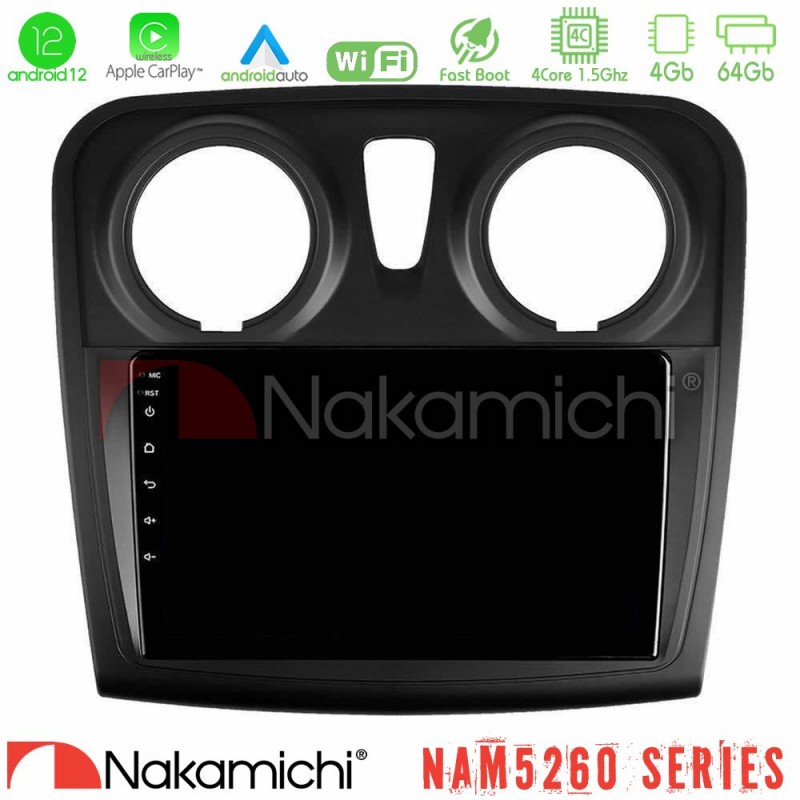 Nakamichi NAM5260 Series 4Core Android12 4+64GB Dacia Sandero/Dokker 2014-2020 Navigation Multimedia Tablet 9