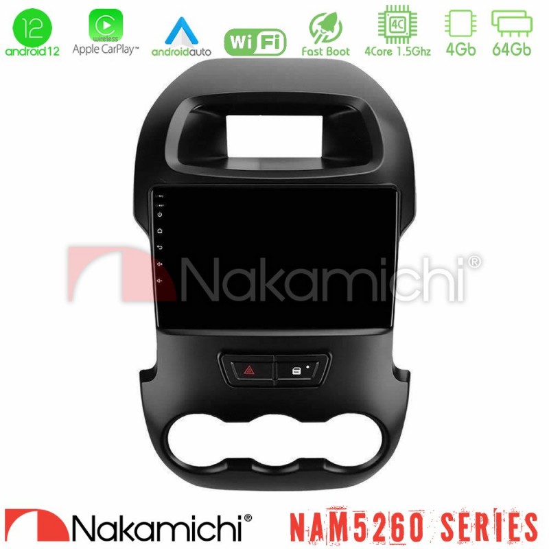 Nakamichi NAM5260 Series 4Core Android12 4+64GB Ford Ranger 2012-2016 Navigation Multimedia Tablet 9