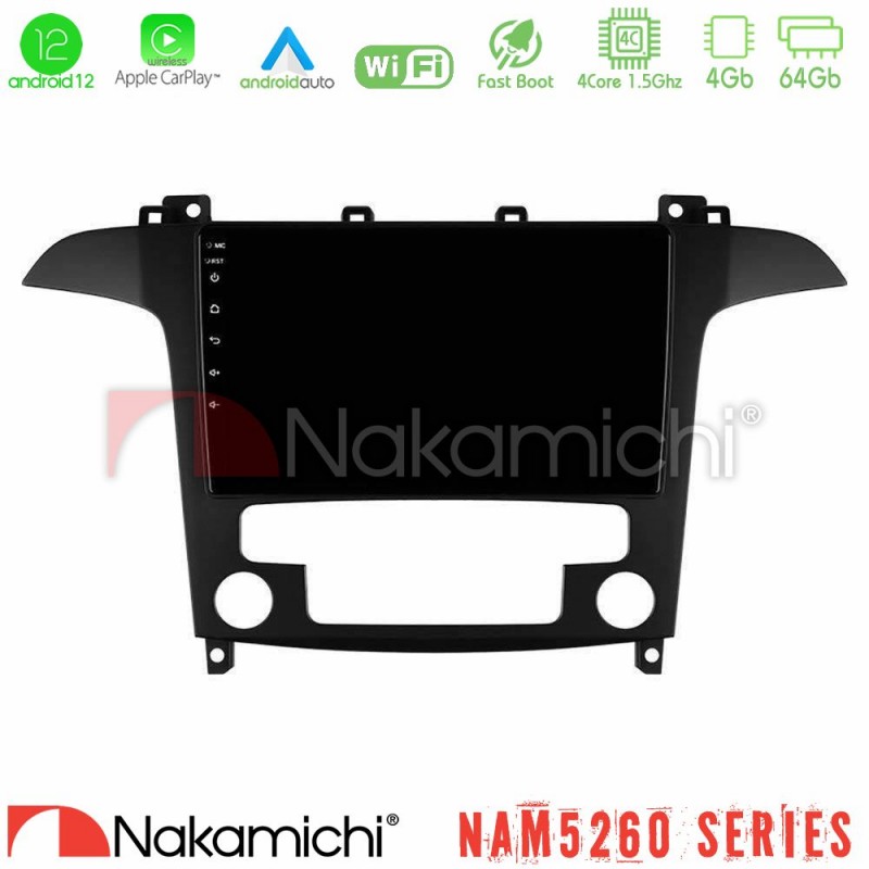 Nakamichi NAM5260 Series 4Core Android12 4+64GB Ford S-Max 2006-2012 Navigation Multimedia Tablet 9