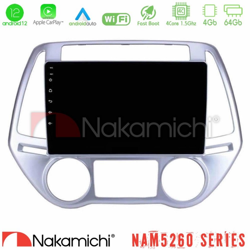 Nakamichi NAM5260 Series 4Core Android12 4+64GB Hyundai i20 2012-2014 Navigation Multimedia Tablet 9