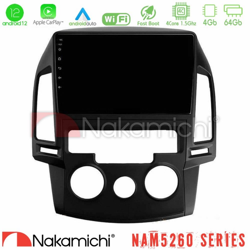 Nakamichi NAM5260 Series 4Core Android12 4+64GB Hyundai i30 2007-2012 Manual A/C Navigation Multimedia Tablet 9