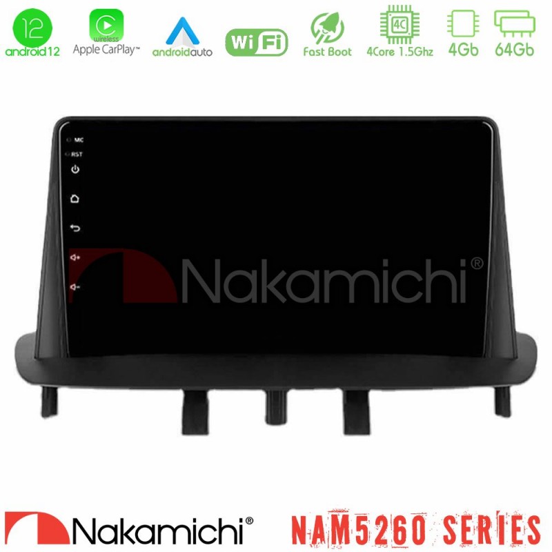 Nakamichi NAM5260 Series 4Core Android12 4+64GB Renault Megane 3 2009-2013 Navigation Multimedia Tablet 9